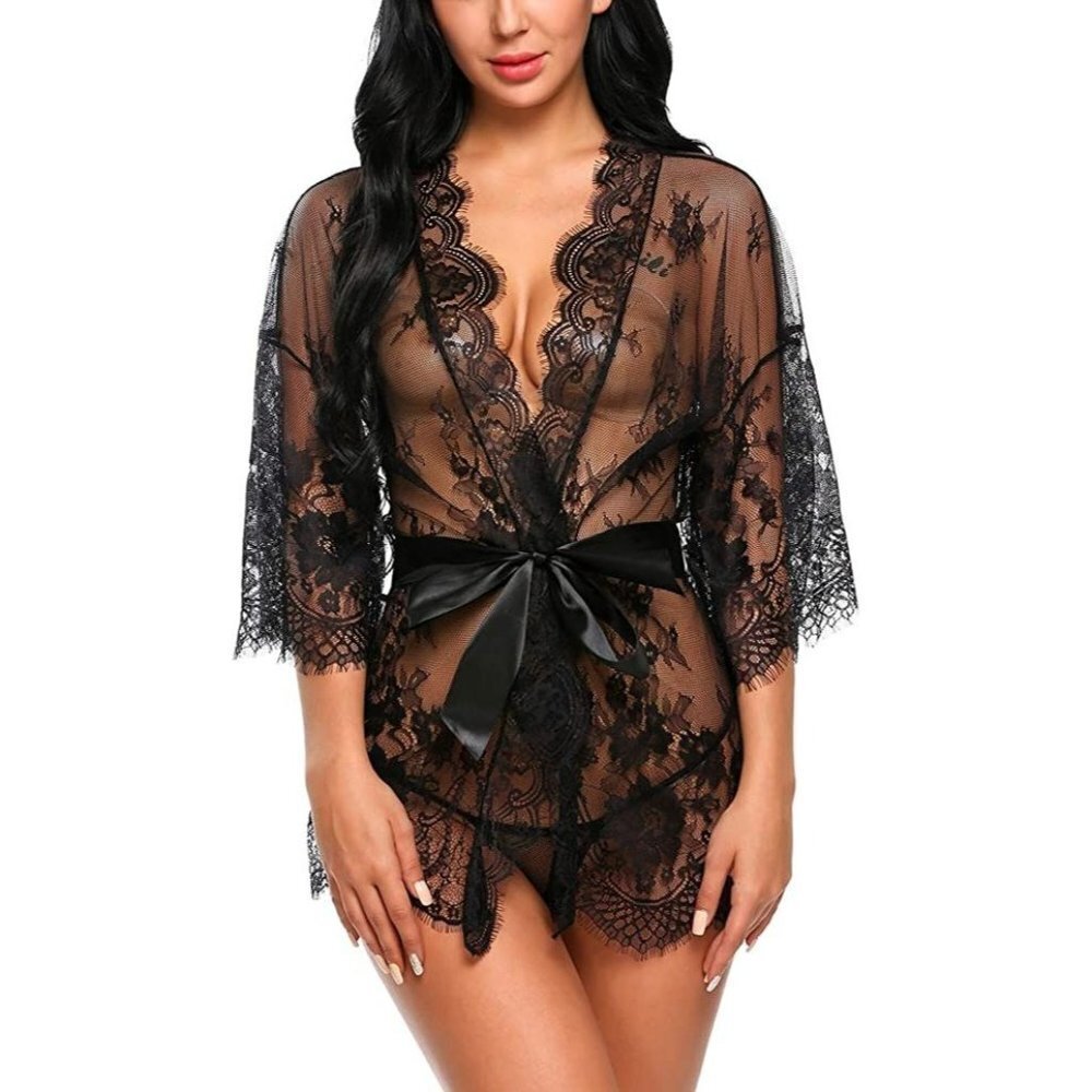 NWT Black Lace Kimono Robe Babydoll Lingerie Mesh Nightgown